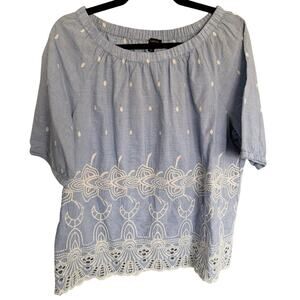 Talbots L Blue Chambray Embroidered Blouse Off-Shoulder Eyelet Cotton EUC